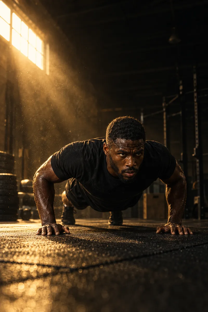 Athlete doing push-ups at dawn in a dark gym lit with gold light