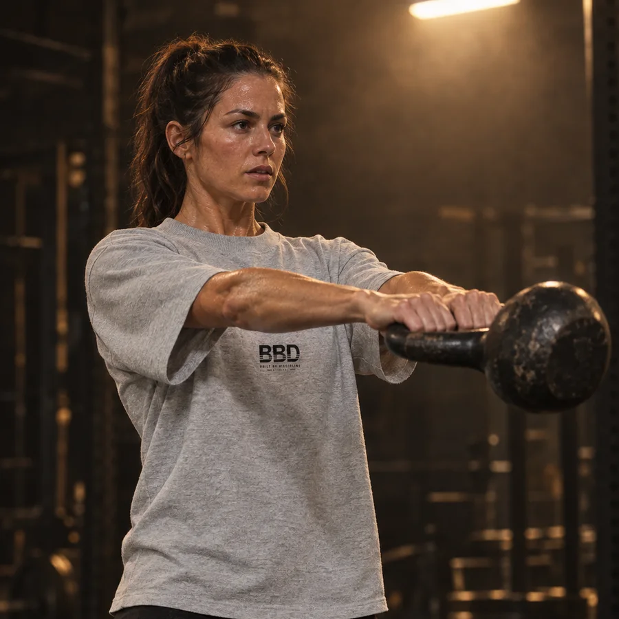 Woman doing a kettlebell swing in the heather ash BBD Heavyweight Tee