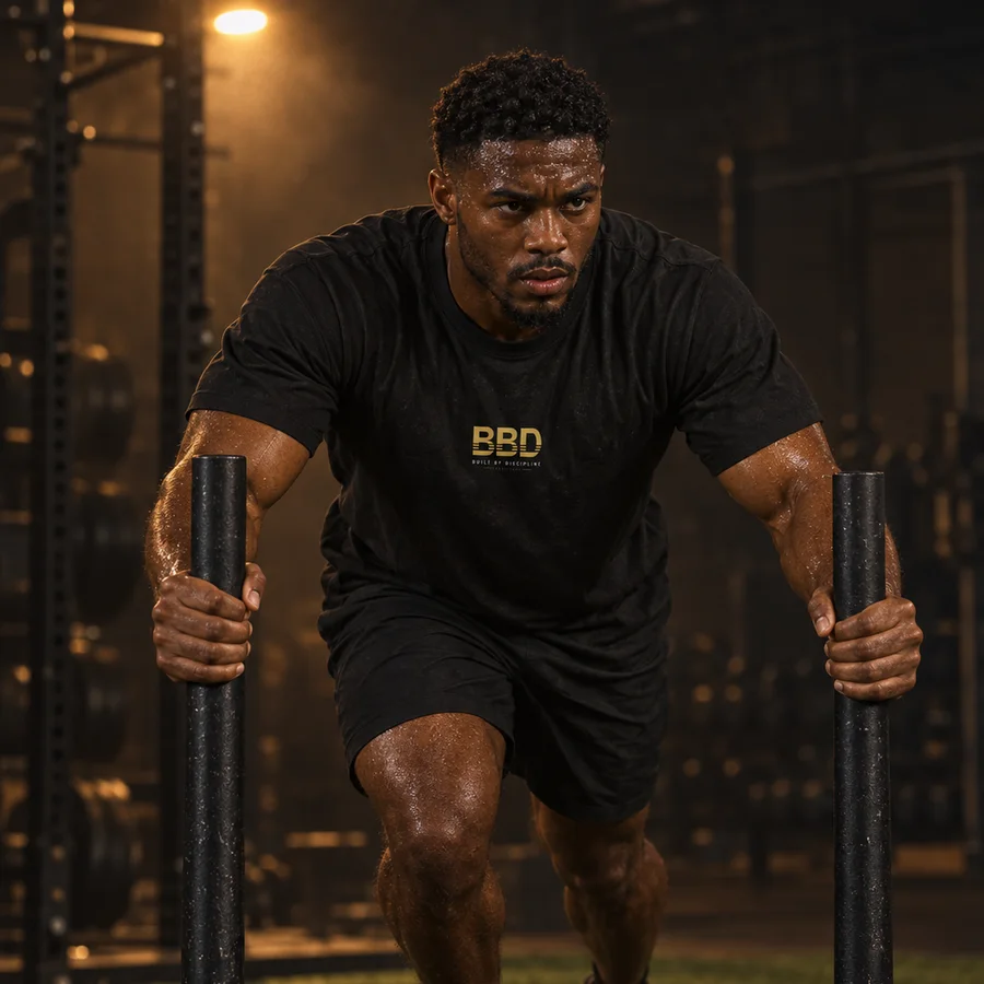 Athlete pushing a weighted sled while wearing the black BBD Signature Tee