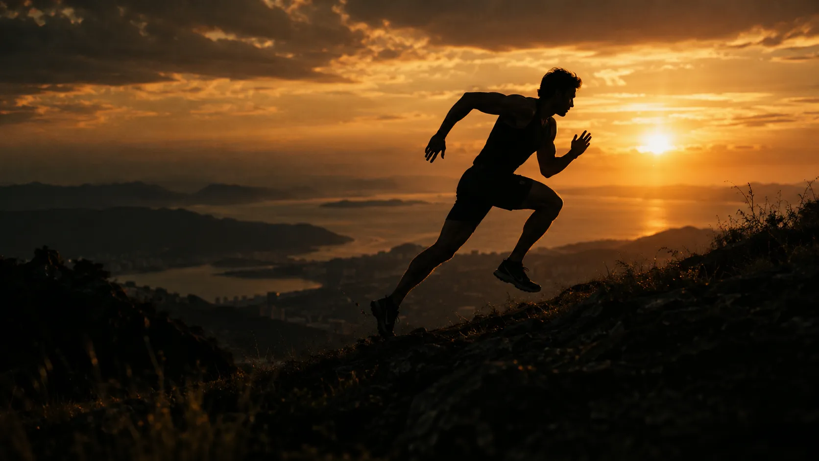 Athlete sprinting up a hill against a golden sunset