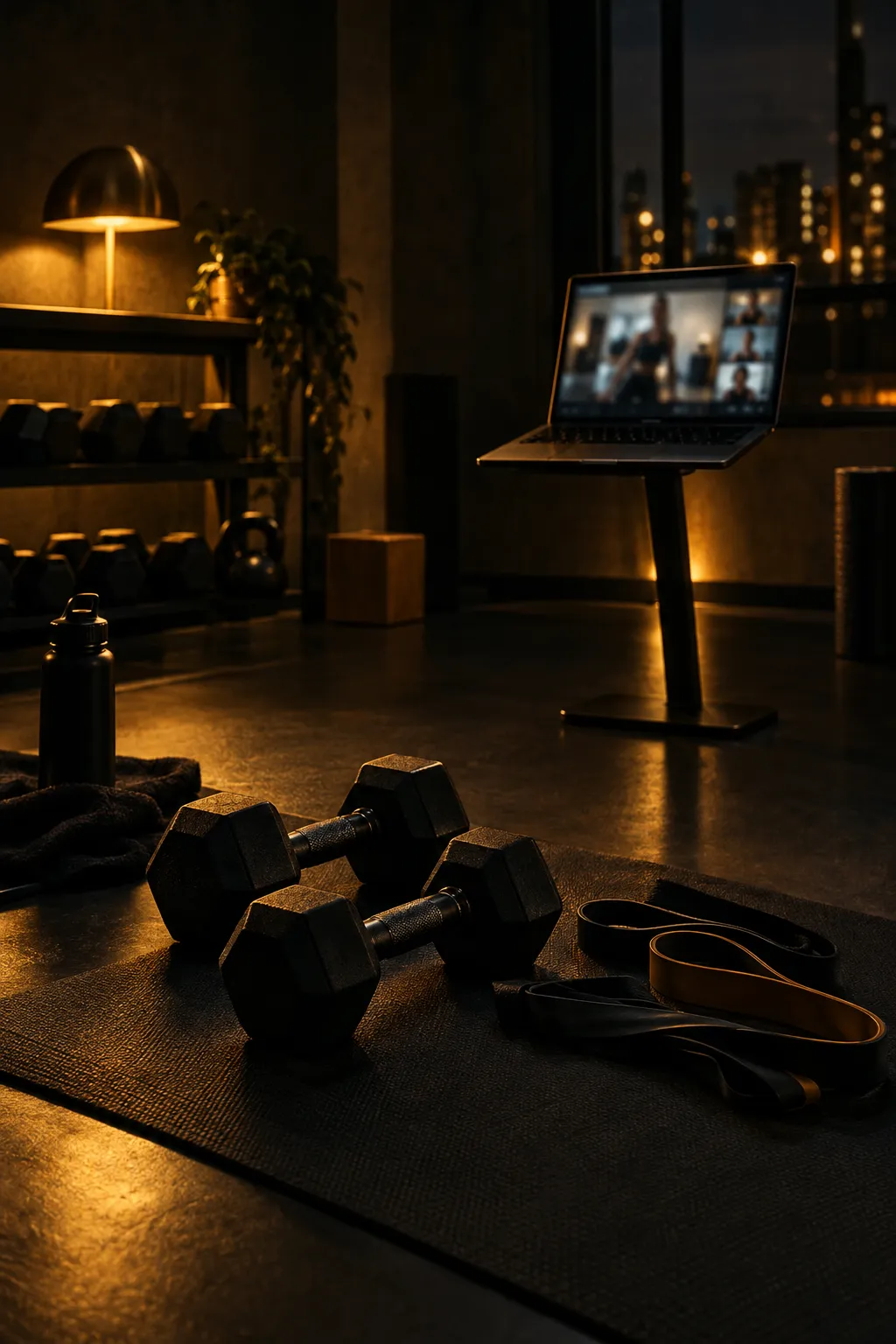 Laptop on a stand showing a video call next to dumbbells and resistance bands